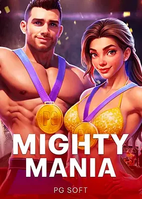 ปกเกม Mighty Mania ค่าย PG Soft นักกล้ามสองคน ในหน้ารวมสล็อต 168
